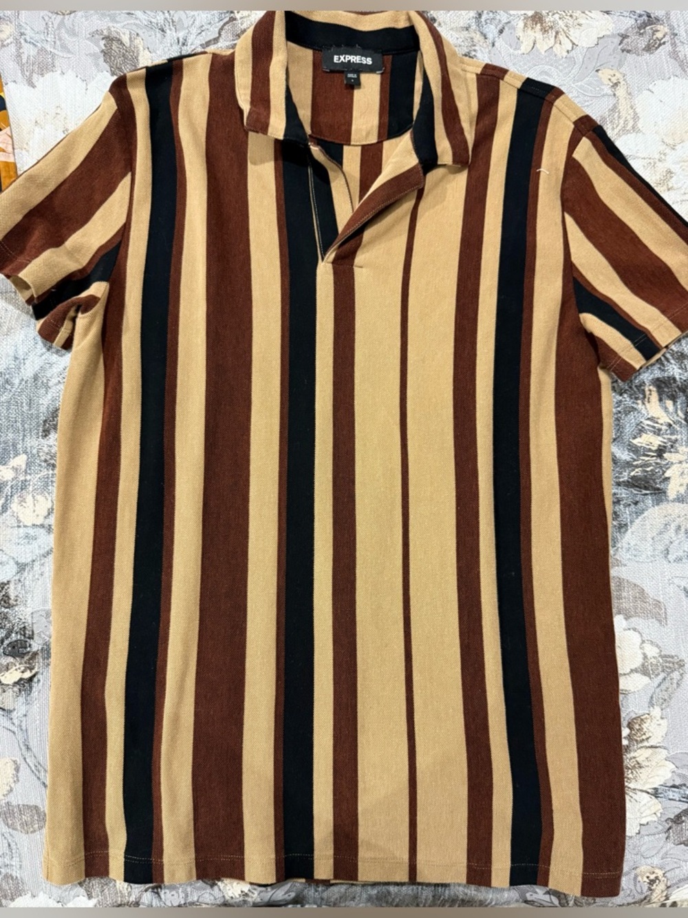 Express Men’s Short Sleeve Polo - Brown, Tan & Black Vertical Stripe